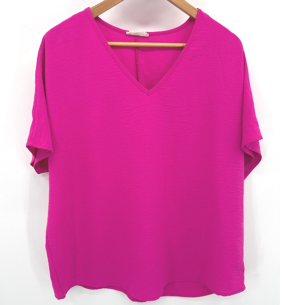 Entro Womens Blouse XL Magenta Pink V-Neck Short Sleeve Textured Crepe Top
